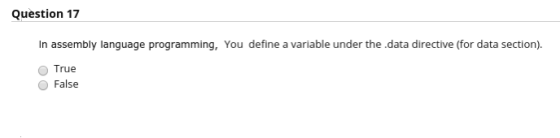 Question 17 In assembly language programming, You define a variable under the.data directive (for data section). True False
