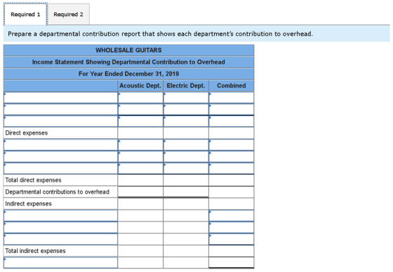 Required 1 Required 2 Prepare a departmental contribution report that shows each departments contribution to overhead. WHOLE