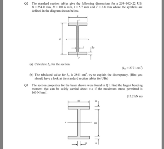Q2 The standard section tables give the following dimensions for a 254x102x22 UB D- 254.0 mm, B- 101.6 mm,1-5.7 mm and T-6.8