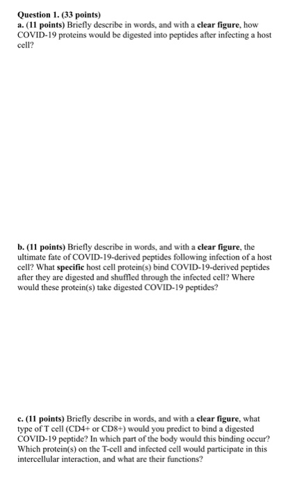 Question 1. (33 points) a. (11 points) Briefly describe in words, and with a clear figure, how COVID-19 proteins would be dig