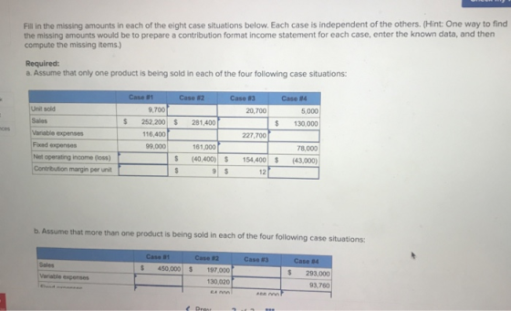 Fill in the missing amounts in each of the eight case situations below. Each case is independent of the others. (Hint: One wa