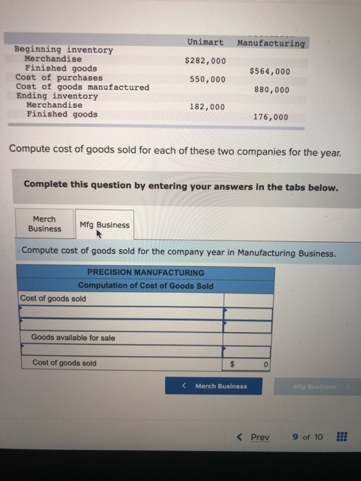 Unimart Manufacturing $282,000 $564,000 Beginning inventory Merchandise Finished goods Cost of purchases Cost of goods manufa