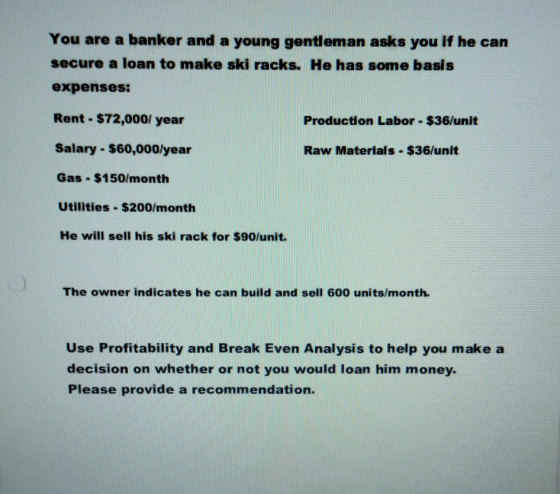 You are a banker and a young gentleman asks you if he can secure a loan to make ski racks. He has some basis expenses: Rent -