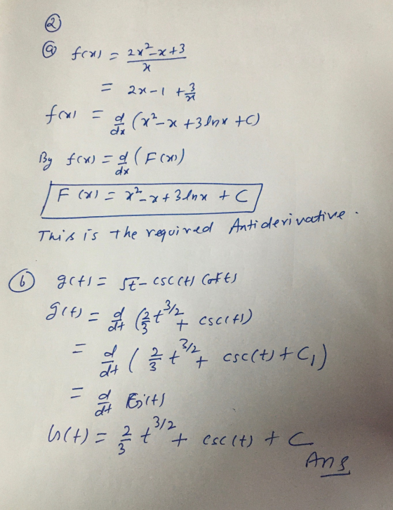 x @ fcal = 2x² - x + 3 = 2x-1 to fw = (x2-x +3868 +C) By fw) (F (60) TF (a)=x²-x+ 3 lux + c/ This is the required Anti deriva