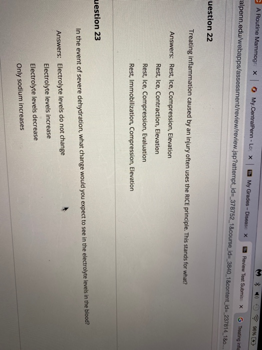 A Routine Mammogr. x O M My.CentralPenn - LOL X % ) My Grades - Disease x alpenn.edu/webapps/assessment/review/review.jsp?att