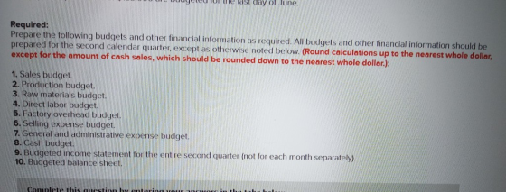 suyu TUI last day of June. Required: Prepare the following budgets and other financial information as required. All budgets a