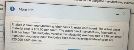 M ULINY UVOD alcu * More Info X pre It takes 2 direct manufacturing labor-hours to make each board. The actual direct materia