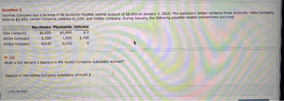 Question 3 Ivanhoe Company has a balance in its Accounts Payable control account of $8,450 on January 1, 2020. The subsidiary