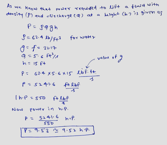 As we know that know that power requided to lift a fluid with densi moting (P) and clischarge ca) at a height (ho is given as