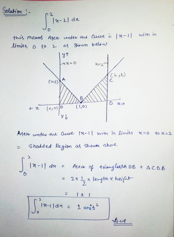Solution - Sint In-1) da limits o to this means Asea under the curre = 1a-11 with in as shown below y↑ 2 X=0 x=20 (2,1) A c (