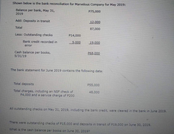 Shown below is the bank reconciliation for Marvelous Company for May 2019: Balance per bank, May 31, 2019 P75,000 Add: Deposi