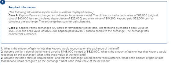 Required information (The following information applies to the questions displayed below.] Case A. Kapono Farms exchanged an