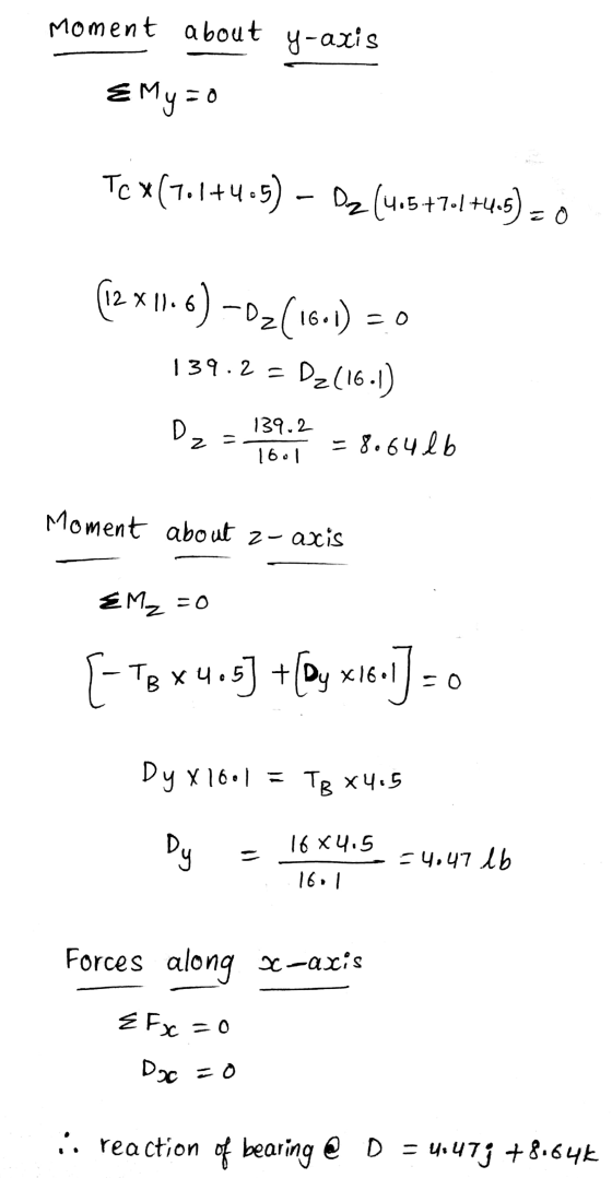 Moment about y-axis Emy=0 Tc x(7.1+4.5) – Dz (4.5+7-1+4.5) = 0 6 (2x1).6) -02(16.1) 139.2 = Dz(16.1) = 0 Dz - 139.2 16.1 = 8.