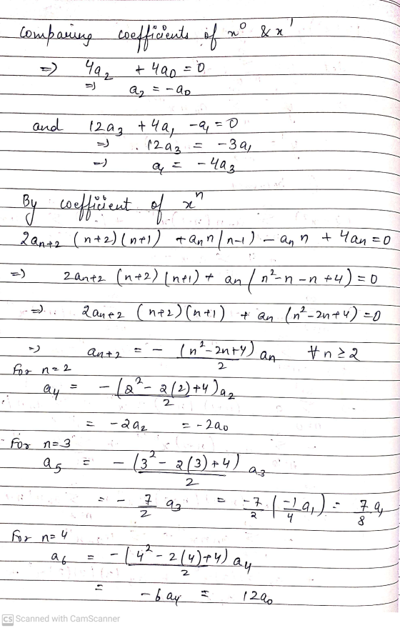 0 comparing coefficients of &n Yaz + 400 = 0 A2 =-do and +4a, -q=0 12 a3 + 4a, (2a3 @_ -321 -403 a) = n x By ann coefficient