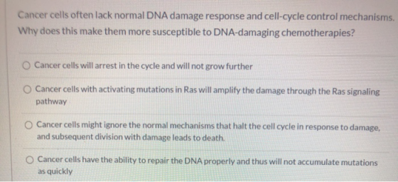 Cancer cells often lack normal DNA damage response and cell-cycle control mechanisms. Why does this make them more susceptibl