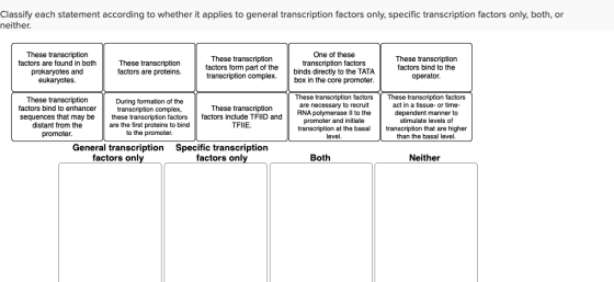 Classify each statement according to whether it applies to general transcription factors only, specific transcription factors