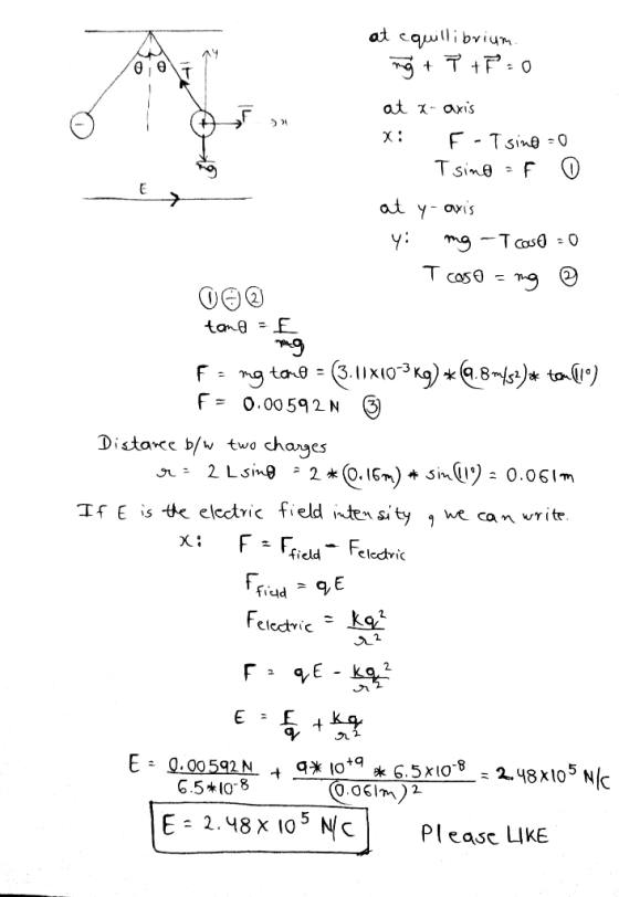 at equillibrium. ng + 7 +P=0 at x-axis X: F-T sing = 0 - Tsino = F O at y- oxis 4: mg -T cose = 0 - T caso = ng ♡ DOⓇ tama =