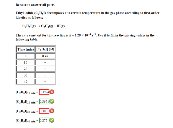 Be sule to answer all parts Ethyl iodide (C2Hgl) decomposes at a certain temperature in the gas phase according to first-order kinetics as follows: The rate constant for this reaction is k-228x 10-*s-1. Use it to fill in the missing values in the following table: Time (min) [C2H;I (M) 0.49 10 20 30 40 [C2Hsll1o min -0.392 [C2H51]20 min-10.365 I 2115130 min IC2Hs1l40 min 0.277