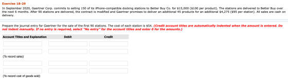 Exercise 18-29 In September 2020, Gaertner Corp. commits to selling 150 of its iPhone-compatible docking stations to Better B