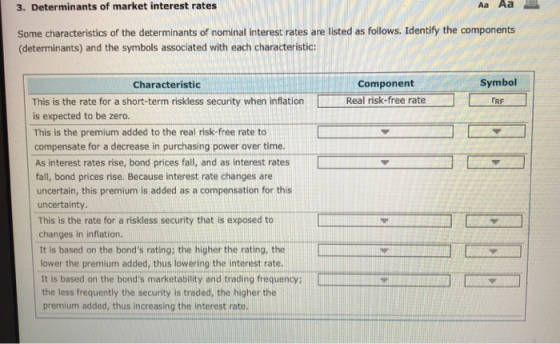 3. Determinants of market interest rates Aa Aa Some characteristics of the determinants of nominal interest rates are listed as follows. Identify the components (determinants) and the symbols associated with each characteristic: Characteristic Component Symbol This is the rate for a short-term riskless security when inflation Real risk-free rate is expected to be zero. TRF This is the premium added to the real risk-free rate to compensate for a decrease in purchasing power over time. As interest rates rise, bond prices fall, and as interest rates fall, bond prices rise. Because interest rate changes are uncertain, this premium is added as a compensation for this uncertainty. This is the rate for a riskless security that is exposed to changes in inflation. It is based on the bonds rating; the higher the rating, the lower the premium added, thus lowering the interest rate It is based on the bonds marketability and trading frequency: the less frequently the security is traded, the higher the premium added, thus increasing the interest rate.