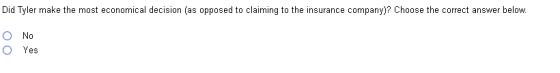 the insurance company)? Choose the correct answer below. Did Tyler make the most economical decision (as opposed to claiming
