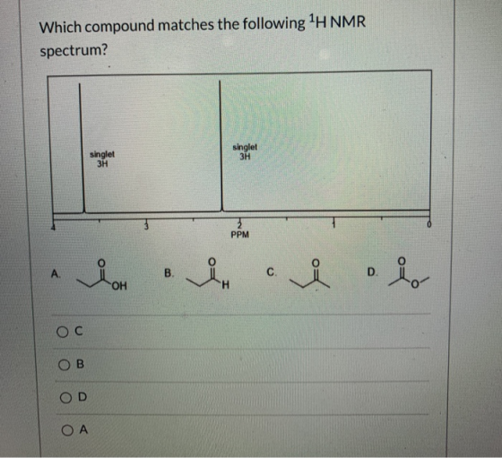 Which compound matches the following 1H NMR spectrum? singlet 3H singlet 3H PPM A. B. i. C D. ОН H Ос B OD ОА