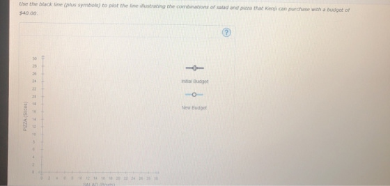 Use the black line (plus symbols) to plot the line illustrating the combinations of salad and $40.00. pizza that Kenji can purchase with a budget of Initial Budget New Budget 0 2410 12 14 10 1 20 22 24 28 20 30