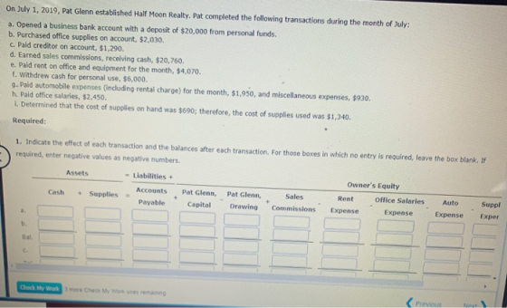 On July 1, 2019, Pat Glenn established Half Moon Realty. Pat completed the following transactions during the month of July: a