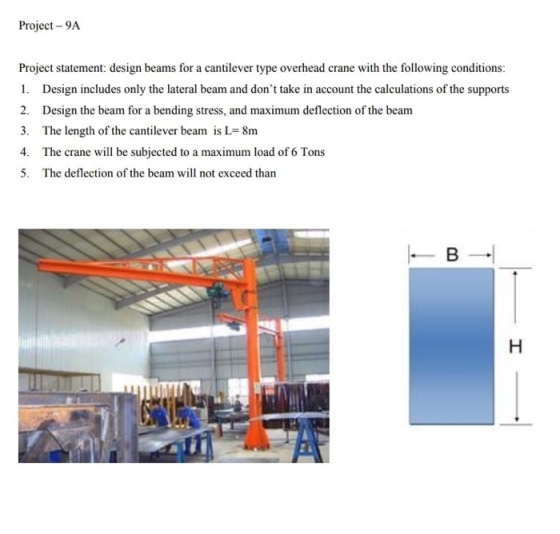 Project - 9A Project statement: design beams for a cantilever type overhead crane with the following conditions: 1. Design in