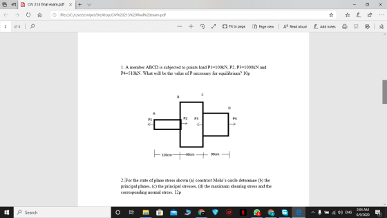 CIV 213 final exam.pdf X + O file:///C:/Users/sniper/Desktop/CIV%20213%20final%20exam.pdf 2 of 4 + Fit to page EL Page view A