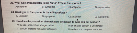 23. What type of transporter is the Na-K ATPase transporter? A) uniporter B) symporter C) antiporter D) superporter 24. What