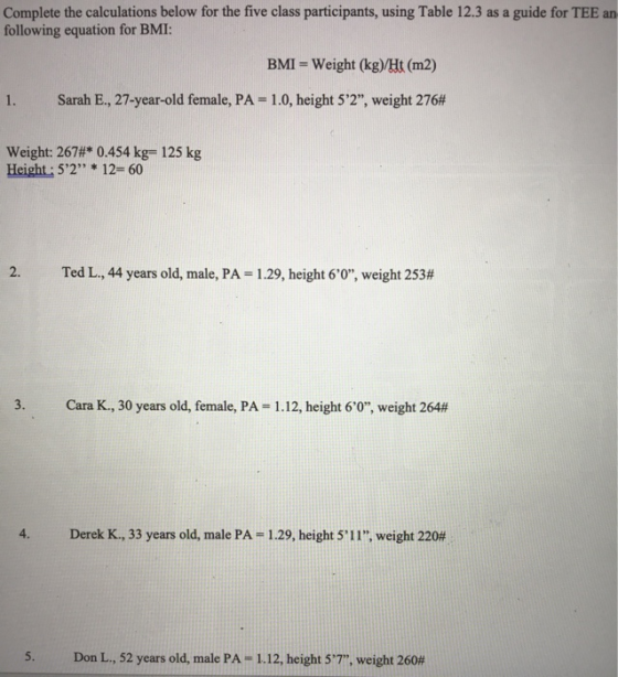 Complete the calculations below for the five class participants, using Table 12.3 as a guide for TEE an following equation fo
