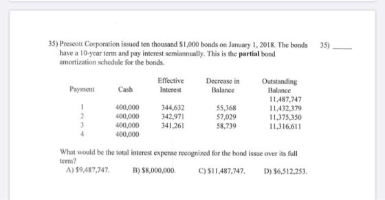 35)_ 35) Prescott Corporation issued ten thousand $1,000 bonds on January 1, 2018. The bonds have a 10-year term and pay inte