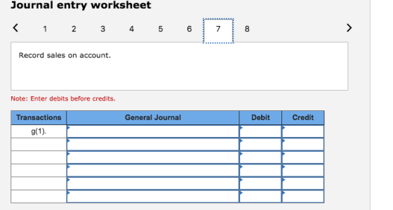 Journal entry worksheet Record sales on account. Note: Enter debits before credits. Transactions General Journal Debit Credit