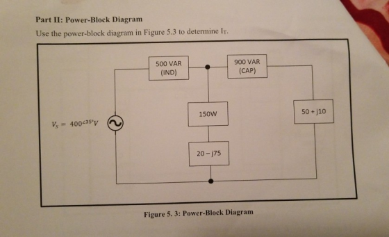 Part II: Power-Block Diagram Use the power-block diagram in Figure 5.3 to determine Ir 500 VAR (IND) 900 VAR (CAP) 150W 50 + j10 V 400 5v 20-j75 Figure 5. 3: Power-Block Diagram