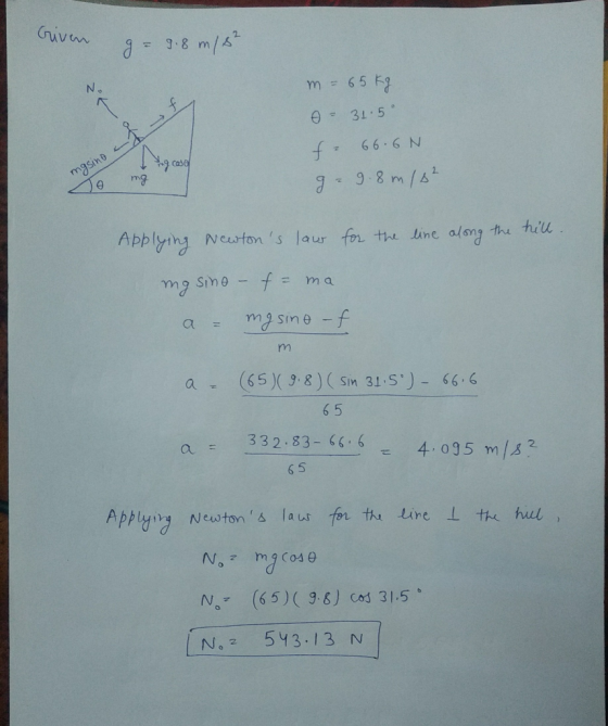 Givem m 65 Kg e- 31.5 66.6 N 9 case mg Applyiny eurto s laur for the ime oloy the huil a uy s m a rm a (65)9.8) (Sin 31 S) 6