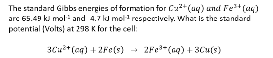 The standard Gibbs energies of formation for Cu2+ (aq) and Fe3+ (aq) are 65.49 kJ mol-1 and -4.7 kJ mol-1 respectively. What