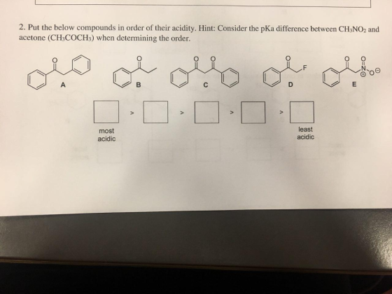 2. Put the below compounds in order of their acidity. Hint: Consider the pKa difference between CHsNO2 and acetone (CH3COCH3) when determining the order. most acidic least acidic