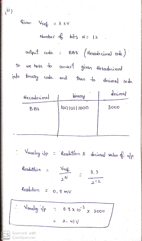 - Given Vref = 3.30 number of bits N= 12 , output code B68 (Hexadecimal code) so we have to convert given Hexadecimal into b