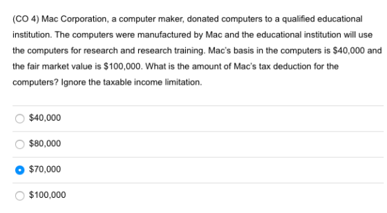 (CO 4) Mac Corporation, a computer maker, donated computers to a qualified educational institution. The computers were manufa