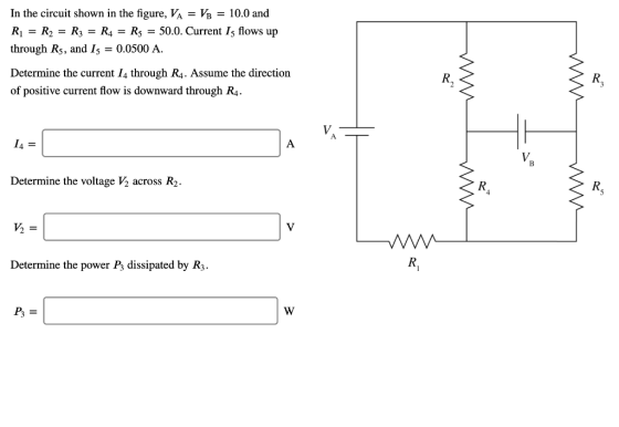 In the circuit shown in the figure, VA = VB = 10.0 and R1 = R2 = R3 = R4 = Rs = 50.0. Current Is flows up through Rs, and I5