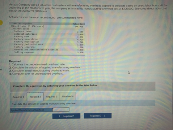 Verizox Company uses a job order cost system with manufacturing overhead applied to products based on direct labor hours. At