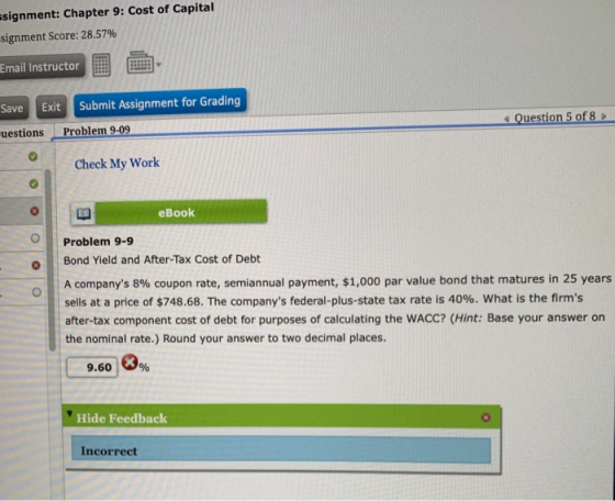 signment: Chapter 9: Cost of Capital signment Score: 28.57% Email Instructor Save Exit Submit Assignment for Grading uestions