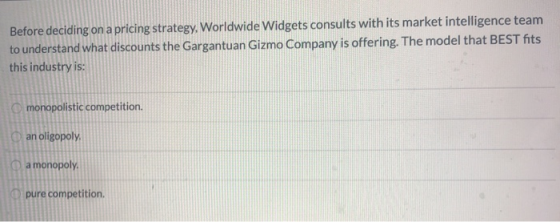 Before deciding on a pricing strategy, Worldwide Widgets consults with its market intelligence team to understand what discou