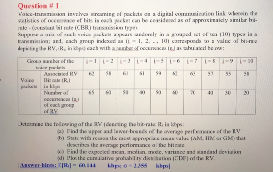 Question # 1 Voice-transmission involves streaming of packets on a digital communication link wherein the statistics of occurrence of bits in each packet can be considered as of approximately similar bit- rate (constant bit rate (CBR) transmission type). Suppose a mix of such voice packets appears randomly in a grouped set of ten (10) types in a transmission; and, each group indexed as (i1, 2, .., 10) corresponds to a value of bit-rate depicting the RV, (R, in kbps) each with a number of occurrences (n) as tabulated below: Group number of the23 46789 10 voice packets Associated RV: 62 58 6 59 63 57 55 58 Voice Bit rate (R) packets in kbps 65 60 50 40 50 60 7040 30 20 Number of occurrences (n) of each group of RV Determine the following of the RV (denoting the bit-rate: Ri in kbps: (a) Find the upper and lower-bounds of the average performance of the RV (b) State with reason the most appropriate mean value (AM, HM or GM) that describes the average performance of the bit rate (c) Find the expected mean, median, mode, variance and standard deviation (d) Plot the cumulative probability distribution (CDF) of the RV. [Answer-hints: E[R1-60.144 kbps; ơ-2-355 kbps]