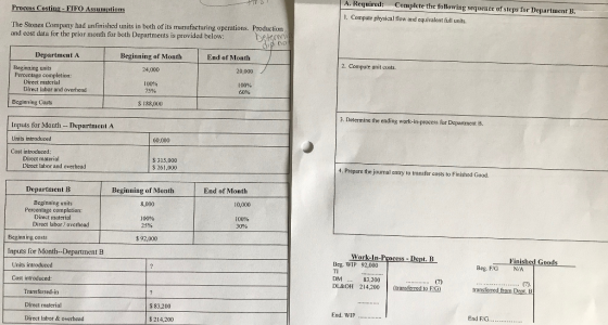 Process Costing- FIFO Assumptions A. Required: Complete the following sequence of steps for Department B 1. Compute physical flow and equivalent full units. finished units in both of its manufacturing operations. Production and cost data for the prior month for both Departments is provided below: no Department A Beginning of Month 24,000 100% End of Month 20,000 100% 2. Compute unit costs. Beginning units Percentage completion: Direct material Direct labor and overhead 75% 60% Beginning Costs S 188,000 3. Determine the ending work-in-process for Department B Inpuls for Month DepartmentA Units introduced Cost introduced: 60,000 Direct material Direct labor and overhead 315,000 261,000 4. Prepare the journal entry to transfer costs to Finished Good. Department B Beginning of Month End of Month Bcginning units 8,000 10,000 Percentage completion: Direct material Direct labor overhead 100% 25% 100% 3090 Beginning costs $92,000 Inputs for Month-Department B work-In-Process-Dept. B inished Goods Units introduced Beg. WIP 92,000 Beg. FIG N/A TI DM 83,200 DL&OH 214,200 ransferred to FG) Cost introduced: transferred from Dept.B Transferred-in Direct material Direct labor& overhead S 83.200 End. WIP S214,200 End FG...