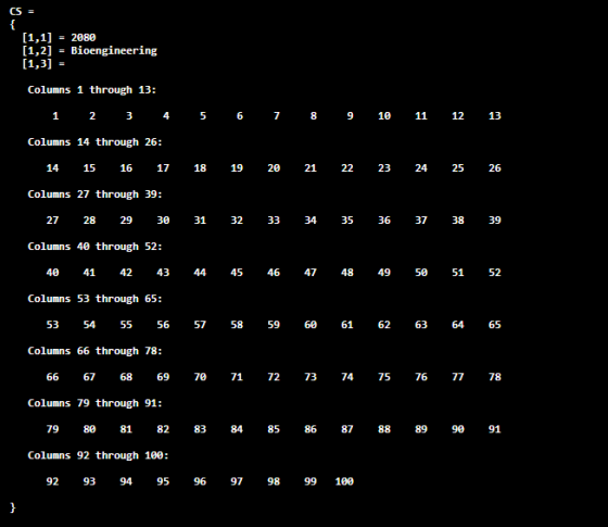 [1,1] = 2080 [1,2] = Bioengineering [1,3] = Columns 1 through 13: 5 6 7 8 9 10 11 12 13 1 2 3 4 Columns 14 through 26: 14 15