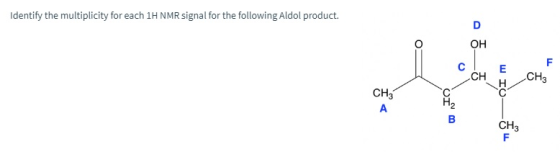 Identify the multiplicity for each 1H NMR signal for the following Aldol product. CH CH3 OI