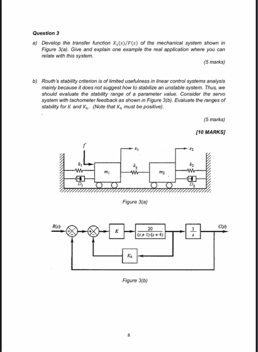 Question 3 a) Develop the transfer function X2%)/F(s) of the mechanical system shown in Figure 3(a). Give and explain one exa