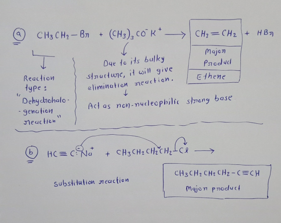 @ CH₃ CH₂ - Br & (CH3)₂ Co k t CH₂=CH₂ + HBA Majon Produd Due to its bulky structure, it will give elimination reaction. Ethe